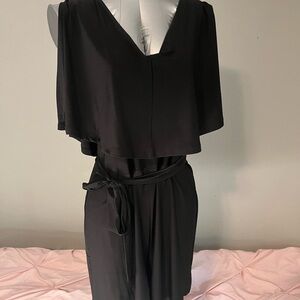 bebe Black Sleeveless V-Neck Midi Dress with Waist Tie Overlay